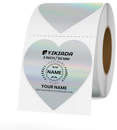 YIKIADA Etichette termiche in vinile con cuore d'argento, 50 mm, olografiche, rotolo autoadesivo, impermeabile, adesivi per logo, codice a barre, QR Code, per bambini, ufficio, casa, 200 pezzi