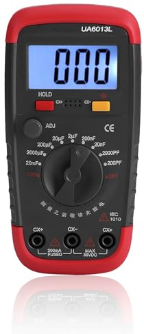 FLEXMAN Kondensator Messgerät Tester, Rot Schwarz Spannungsprüfer Durchgangsprüfer, Digital Multimeter, Multifunktionstester Kondensator Tester mit Datenspeicherung Hintergrundbeleuchtungsfunktion