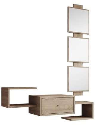 MB Muebles Bonitos | Recibidor Suspendido Neo con Espejo Modular y Cajón | Mueble de Entrada Flotante Moderno | Estante de Pasillo de Diseño | Melamina Mate | 99x145x29 cm | Color Sonoma