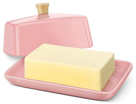 Flexzion Mantequera europea de cerámica Rosa con tapa para encimera (20,3 cm) - Portamantequilla ancho para 2 barras, recipiente para queso crema y almacenamiento