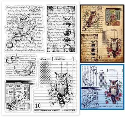GLOBLELAND Vintage Eulen Wörter Hintergrund Klare Stempel Für Kartenherstellung Retro Eulen Ticket Hintergrund Silikon Klare Stempelsiegel Transparente Stempel Für DIY Scrapbooking Journal Dekor