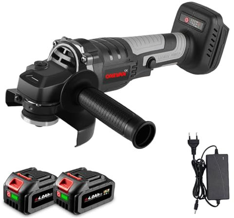 ONEVAN Akku Winkelschleifer 125mm mit Drehzahlregelung, Bürstenloser Winkelschleifer Regelbare Drehzahl 3-Gang 10000RPM, Akku Trennschleifer Angle Grinder mit 8000mAh Akku und Ladegerät