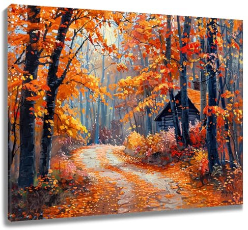LB Wandbilder Herbstwald Wanddruck Orangenbäume Rustikales Bauernhaus Leinwand Bilder Abstrakte Naturszenerie Poster für Wohnzimmer Schlafzimmer Badezimmer Wand Deko,50x40cm Gerahmt