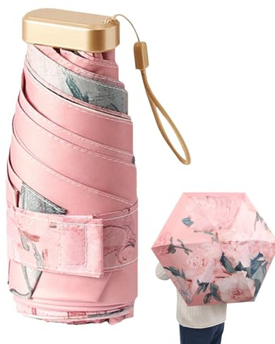 COMFOLIVING Sun Ombrello da viaggio con manico ad anello – Piccoli ombrelli da donna, dimensione borsa | Ombrello leggero con protezione UV | Mini ombrellone | Zaino portatile per Dam