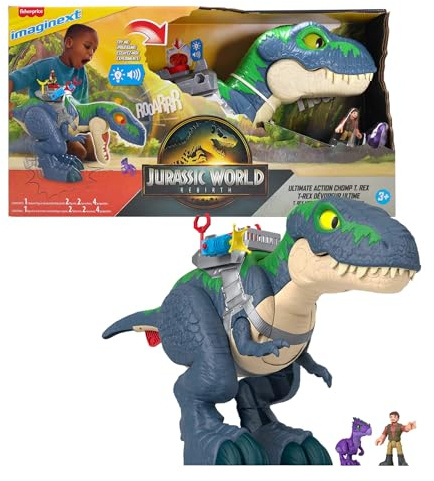 Fisher-Price Imaginext Jurassic World Rebirth Conjunto de juego T. Rex Mordiscos y acción, dinosaurio de juguete de 45,72cm con luces, sonidos, movimiento y 2 figuras de acción de 7,62cm, JGR40