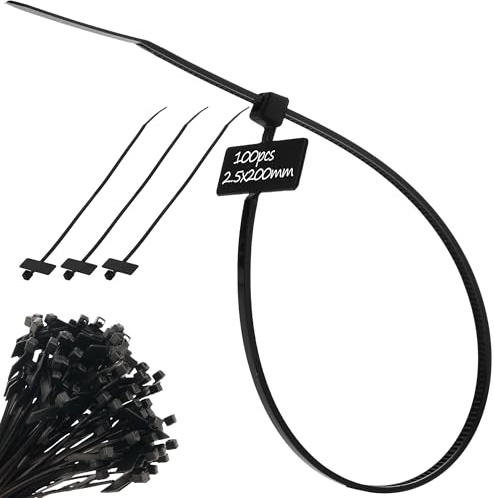 Lot de 100 attaches de câble solides pour marqueur et étiquetage - Noir et blanc - Disponible en 2,5 mm x 100 mm et 2,5 mm x 200 mm (noir, 2,5 mm x 200 mm)