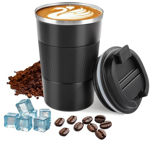 Insulated Coffee Cup with lid，Travel Coffee Mug Leak Proof，Reusable Stainless Steel Vacuum Thermos Coffee tumblers,Thermal Insulation Cups for Men and Women hot and Cold Drinks (3rd-Black, 380ml)