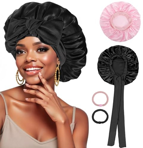 PAEFIU 2 Stück Satin Seidenhaube Zum Schlafen Weiche Haarhaube mit 2 Haargummis Atmungsaktive Sleep Bonnet für Lange Kurze Lockige Haare (Schwarz, Rosa)