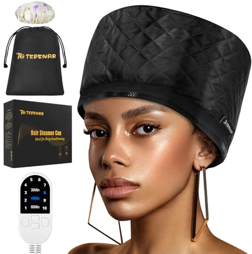 TEPENAR Bonnet thermique amélioré pour conditionnement – Défroisseur vapeur électrique pour cheveux afro naturels, bonnet de spa portable pour usage domestique (noir)