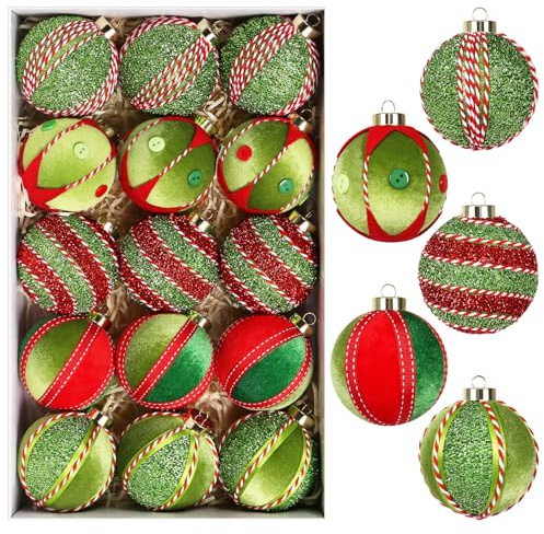 SY Super Bang Red Green Christmas Ball Ornaments, 15PCS Shatterproof Velvet Ornaments Set for Christmas Tree Hanging Decorations, for Holiday Party Xmas Decor - 80MM/3.14.