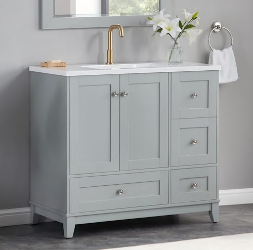 37-inch Bathroom Vanity with Sink, Modern Bathroom Single Sink Vanity Storage Cabinet with Built-in Charging Station and Hair Dryer Storage (37 inch（4 drawers & 2 Doors),Gray White)