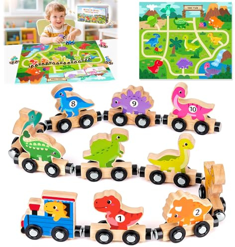 Toddler Toys for 1 2 3 Year Old Boys Girls: Wooden Dinosaur Toys for Boys age 1-3, Montessori Toys for 1 2 3 Year Old Magnetic Dinosaur Train for Baby Boy Birthday Gifts for 1-2-3 Year Old Boy Girls