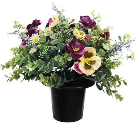 CFY Memorials Premium Artificial Grave Flowers – Yellow Pansies with Lavender & Daisies (25cm) | Memorial Vase Pot