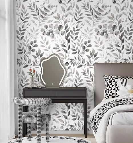 ANBILILA Papier Peint Autocollant Feuilles d'Eucalyptus Aquarelle Gris et Blanc,Revêtement Mural Adhésif 44x500cm,Film Décoratif Imperméable pour Salon,Chambre,Meubles,Cuisine,Rénovation DIY