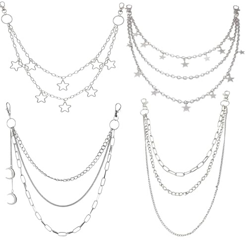 XFSRG Y2k Lot de 4 Chaînes de Pantalon en Forme d'étoile Ceinture Punk Gothique Triple Chaîne Pendentif Étoile Lune Chaîne Hip Hop Look Quotidien Party