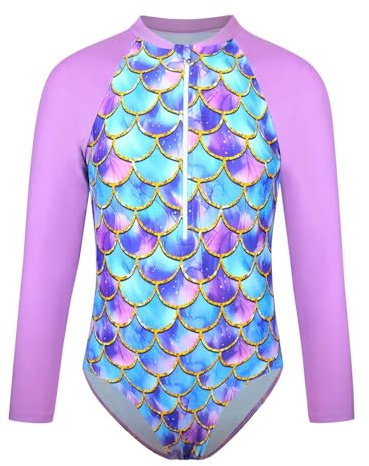 Generisch Bademode für Mädchen, langärmelig, Rashguard, Sonnenbadeanzug zum Surfen, Schwimmen, Strand, Sommer, Frühling, Farbverlauf, lila, Fischschuppen-Design (Purple, 8-9 Years)