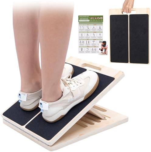 XCMVCN Allungatore per polpacci in legno con 5 angoli regolabili, tavola inclinata per allungamento del polpaccio e allenamento di equilibrio. Include poster per esercizi, antiscivolo e portatile con