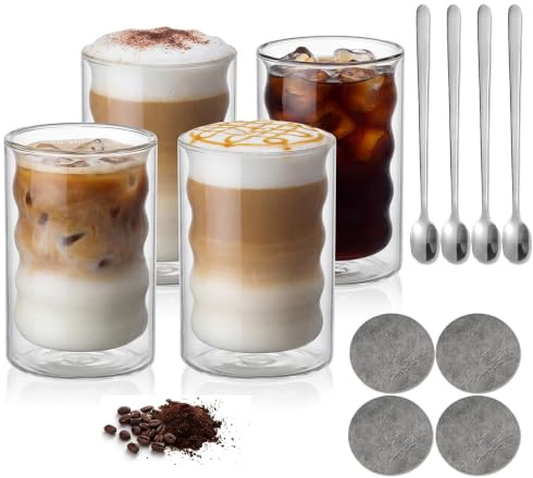 Juego de 4 Tazas de Café de Cristal 350ml – Vasos de Doble Pared de Vidrio Borosilicato con 4 Cucharillas y 4 Posavasos – Ideales para Café con Leche, Té, Latte, Macchiato y Espresso – Regalo para Pad