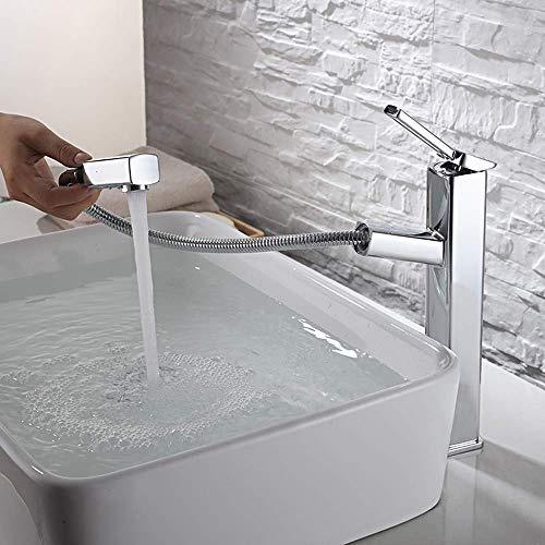 KAIYING LK2563B3 Bathroom Pull Down Vessel Sink Faucet, Lavatory Single Hole Basin Sink Faucet with Pull Out Sprayer, Single Handle Utility Kitchen Mixer Tap with Rotating Spout, Brass (Tall, Chrome) | Modern Single Handle Lavatory Utility Basin Mixer Tap, 360° Rotatable Spout, Tall Body Design, Chrome Finish