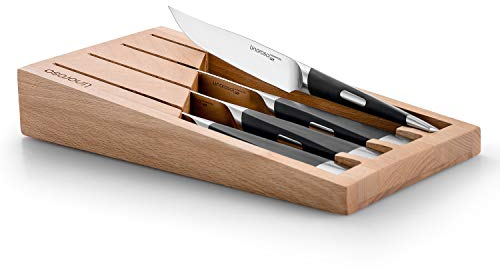 linoroso Couteaux à steak, semi-dentelés, en acier inoxydable allemand forgé à haute teneur en carbone, jeu de 4 couteaux à steak bloc de bois de hêtre - Série MAKO