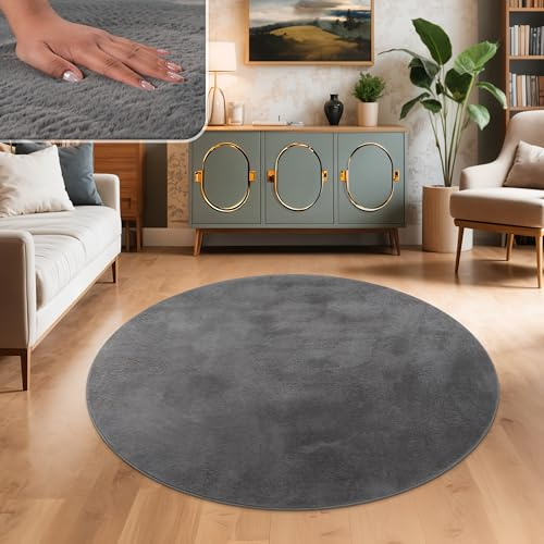 Paco Home Teppich Wohnzimmer Kunstfell weich waschbar modern elegant pflegeleicht Felloptik Uni Seidenglanz flauschig Hochflor, Grösse:120 cm Rund, Farbe:Anthrazit