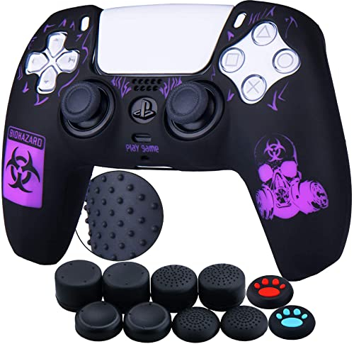 YoRHa Points Sculpture au Laser Housse Coques Autocollants en Silicone Skin Cover pour PS5 Dualsense Manette (BH Mauve) x 1 avec Prises de Pouce x 10