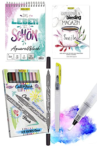 Online Aquarellset I Aquarell-Malset I Kalligrafie oder Zeichnen I bestehend aus einem Aquarellpapier-Block, 10 Brush Pens Double-Tip, einem Waterbrush-Pen und einem Aquarell-Magazin