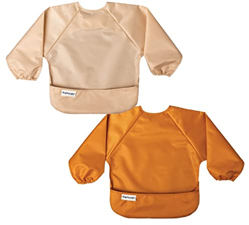 Tiny Twinkle Long Sleeve Bib for Babies & Toddlers | 2-Pack Waterproof Smock Bib for Eating | Machine Washable & Mess-Proof Feeding Essentials | Newborn Shower Gift (Sand Cinnamon,2-4Y)