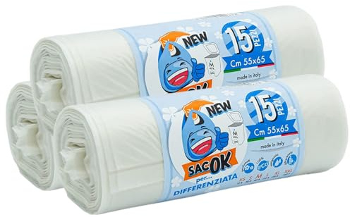 EFFENNE group - 45 Bolsas de basura transparentes 55x65 cm con asas para la recogida de residuos en interiores - Bolsas de plástico para cubos de basura de cocina y baño