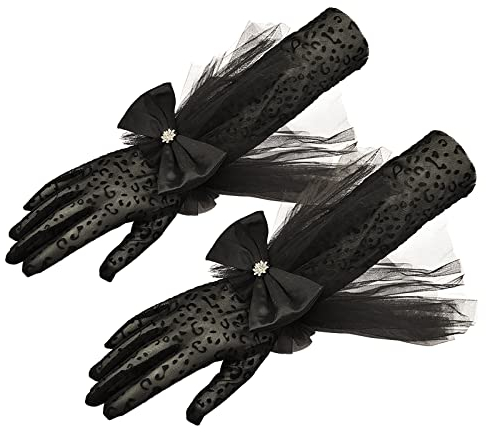 Schwarz Spitzen Handschuhe Bogen Strass Mittellange Perlen Braut Handschuhe 1920er Jahre Zubehör Kostüm Opera Fest Party Handschuhe Fasching Accessoires Halloween Kostüm Damen für Hochzeit Party