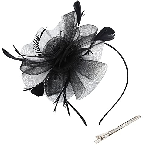 Jodsen Fascinator Hat Flower Feather Mesh Headband with Hair Clip Ascot Hat Hair Hoops Photo Booth Props Costume Headbands Cocktail Tea Wedding Church Party Headwear Race Hat for Girls Women (Black)