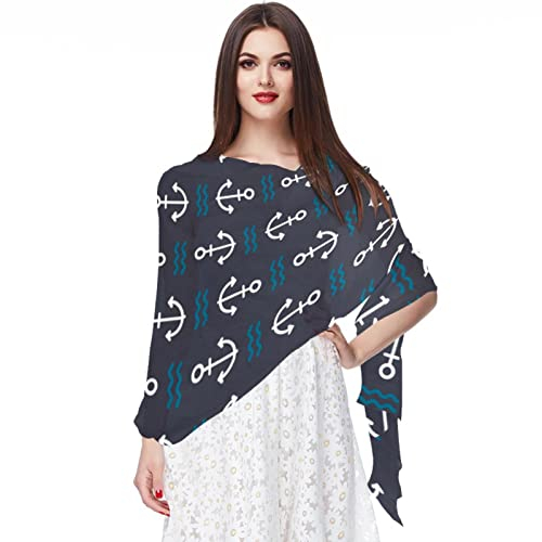 Chiffon-Schal, leicht, weich, durchsichtig, lang, für alle Jahreszeiten, Anker auf Dunkelblau, mehrfarbig