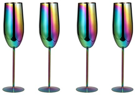 Sektgläser Edelstahl, 280ml Champagner Gläser, 4 Pack Bruchsicher Weingläser Set Metall Weinglas mit Stiel, Stylishe Sektkelche Champagnerflöte Weinkelche für Hochzeit/Jubiläum/Partys/Outdoor-Bunt