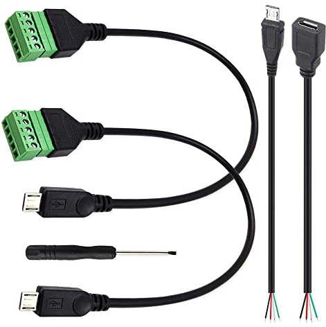 Xiatiaosann 5 pezzi cavo connettore morsettiera a vite micro USB, terminali schermati a vite da 30 cm cavo adattatore tipo collegabile con cavi scoperti maschio e femmina micro USB e cacciavite