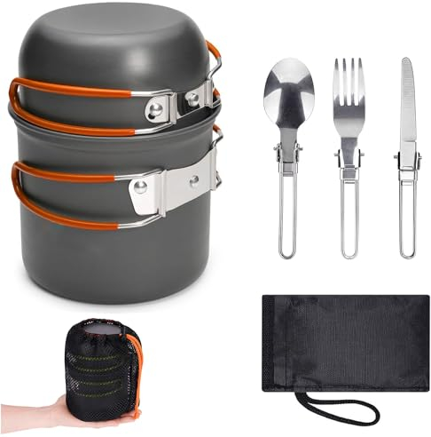 Camping Kochgeschirr Set, Camping Topf aus Aluminium, Outdoor Kochgeschirr mit Faltbare Besteck, Campinggeschirr 2 Personen, Camping Geschirr für Wandern Angeln Picknick, FDA Zertifiziert (Orange)