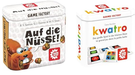 Game Factory 646273 Auf die Nüsse, das knackige Würfelspiel & 46195 Kwatro, Mini-Kartenspiel in handlicher Metalldose, Legespiel-Mix für Kinder und Erwachsene, Reisespiel