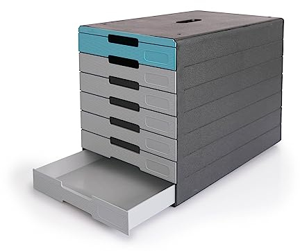 Durable Idealbox Pro Schubladenbox, DIN A4, 7 Fächer, blau, 776306 | Ablagesystem für Unterlagen bis C4, stabiler Kunststoff, mit Klebeetiketten, Maße 250 x 322 x 365 mm