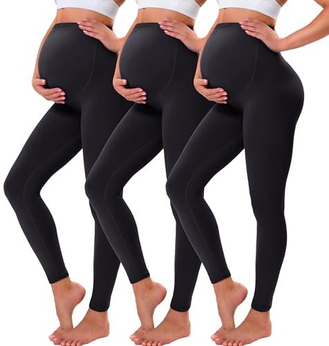 VALANDY graviditetsleggings över bula smör mjukt magstöd töjbar justerbar hög midja graviditetsbyxor yoga pyjamas, 3-pack-svart*3, XL