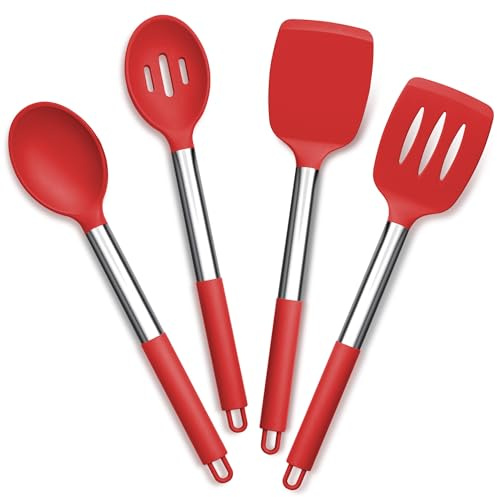 Joyfair 4Pcs Silicone Kitchen Utensils Ideal for Serving Stirring - Red | Non-Stick, Non-Toxic, Stainless Steel Core, Sturdy Enough, Heat Resistant, Multi-Purpose Use, Hanging Hole, Dishwasher Safe