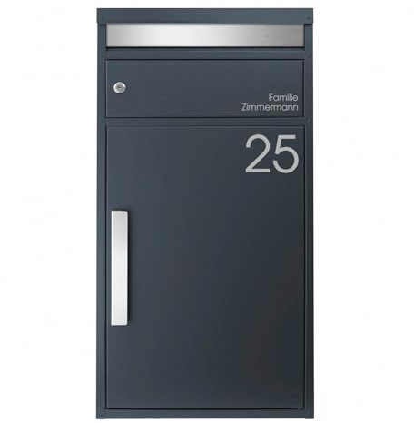 Paketbriefkasten anthrazit matt mit Personalisierung Hausnummer und Name freistehend robust MOCAVI PBox 65F NF81A Design-Paketkasten modern großer Standbriefkasten Paketbox Paketkasten