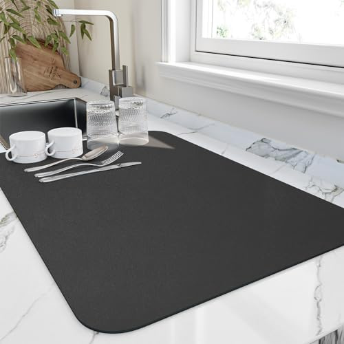 HotLive Dish Drying Mat for Kitchen Counter, Heat Resistant Drainer Mats with Non-slip Rubber Backed, Hide Stain Kitchen Super Absorbent Draining Mat, Easy to Clean Dish Rack Pad, Black 16x20