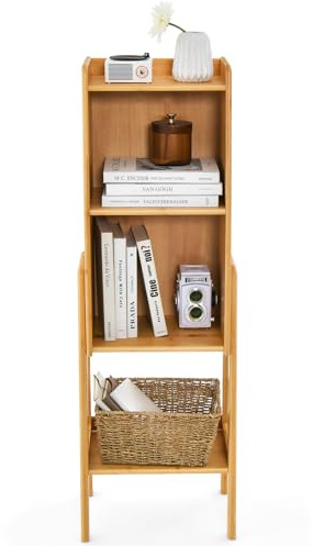 COSTWAY Bücherregal, Bambus Standregal mit 4 Ebenen, Regal stehend, A-förmiger Rahmen, Kinderregal für kleine Räume, Schlafzimmer, Wohnzimmer (4 Ebenen)