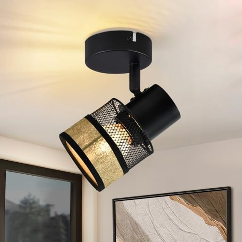 Glitzerlife Deckenstrahler 1 Flammig Schwarz Deckenleuchte Deckenlampe | Flur Metall Vintage mit Gold Stoffschirm Deckenspot E27 LED 330°schwenkbar Wohnzimmer Schlafzimmer Küche