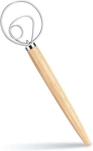 Fouet à pâte danois de 33 cm de long avec manche en bois et anneau en acier inoxydable pour pâte, pain, gâteau, pizza et biscuits