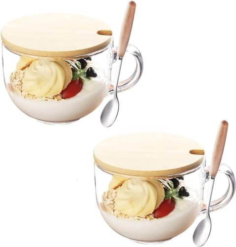 XXWZJH 2 tazze in vetro trasparente da 473 ml, con coperchi e cucchiai in bambù, per colazione, tè, latte, bevande, avena, yogurt