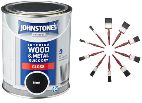 Johnstone's - Quick Dry Gloss - Black - Gloss Finish - Water Based - Interior Wood & Metal & Fit For The Job 10 pc Mixed Sizes Paint Brush Set for a Smooth Finish with Emulsion, Gloss, Satin