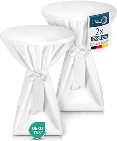 Beautissu 2X Premium Stehtischhussen Blickdicht rutschfest bügelfrei hussen | 80cm weiß mit Schleifenband Stehtischüberzug Husse für Stehtisch Bistrotisch Tischhussen Stehtische Waschbar Giulia Premium
