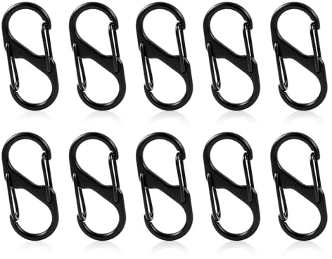 REBECASKYENS 10 Pcs S-Shaped Aluminum Alloy Carabiner Keyring Clip, Black, S-Shape, 8 Shape, Double Clips Hooks, Locking Carabiner Buckle, Camping, Fishing, Mountaineering