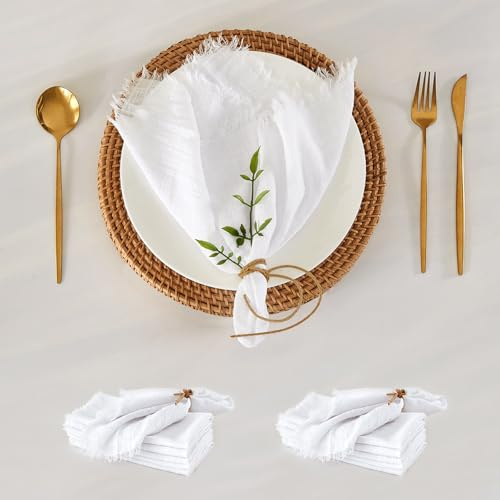 WAITER TREE Stoffservietten 12 Stück weiche Reine Baumwolle mit Fransen atmungsaktiv quadratisch rustikal handgefertigte Servietten für Abendessen Partys Hochzeiten 49 cm * 49 cm Hellweiß