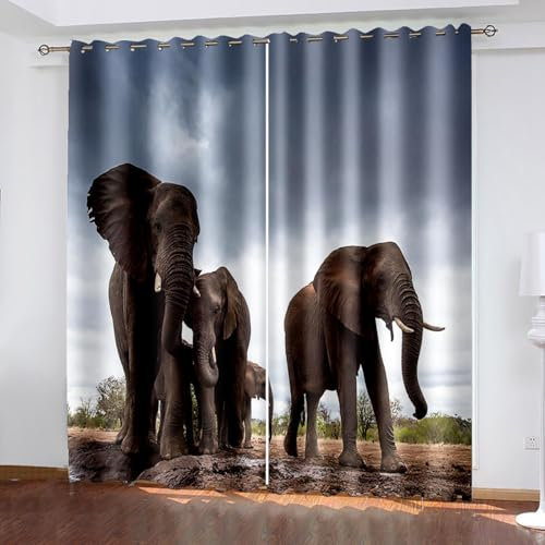BTYWH Gardinen Blickdichter, Thermovorhang Elefant 150 x 166 cm Ösenvorhang 2er Set Wald Tier Elefant 3D Druck Vorhang Verdunkelung mit Ösen für Schlafzimmer Wohnzimmer Kinderzimmer